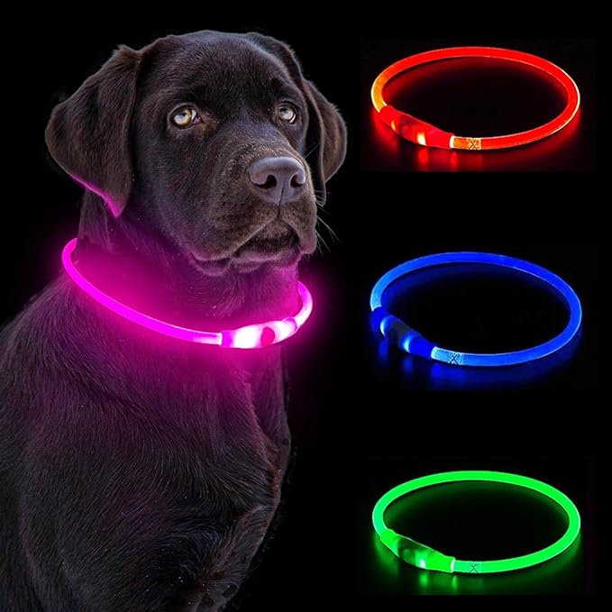 LED Dog Collar, Waterproof Light Up Dog Collar Rechargeable, Dog Safety Necklace for Night Walking, Adjustable Cut-to-Fit Silicone Collar Small Medium Large Dog 27.5” Cuttable (Pink)