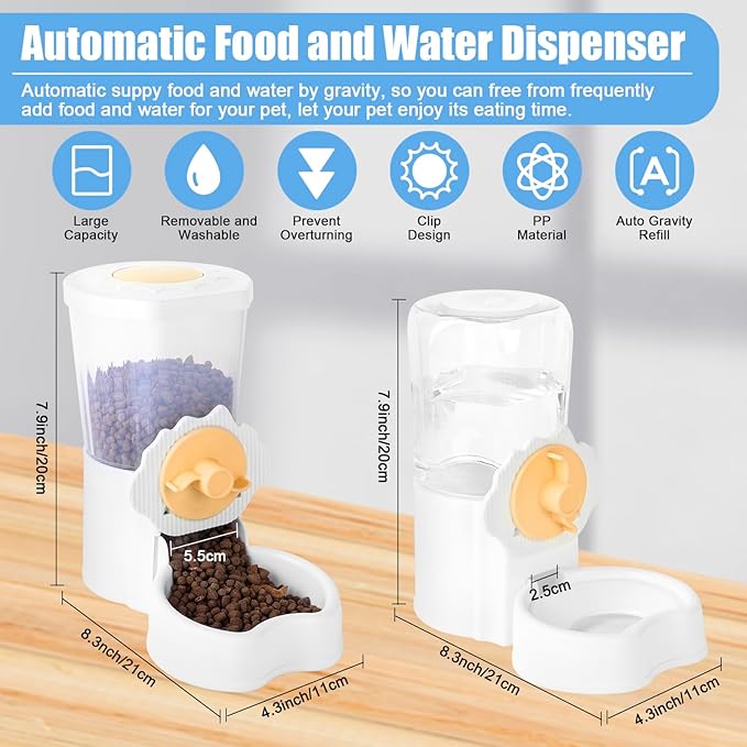 Automatic Food and Water Dispenser Set, Cage Hanging Auto Food Feeder Water Bowl for Cat Dog Rabbit Ferret Guinea Pig for Cage, Replenish Pet Feeder Waterer Removable Pet Food Water Container (Yellow)