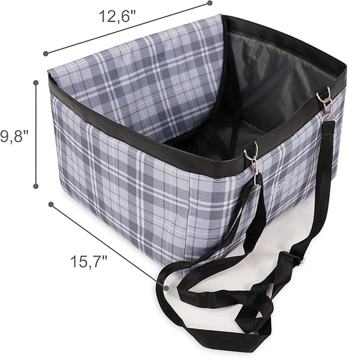 SUSSEXHOME Pets Water and Stain Proof Dog Car Seats for Small Dogs - 15.75 x 12.6 x 9.85 Inches Dog Booster Seat with Removable, Adjustable Fastening Straps - Gray-Tartan