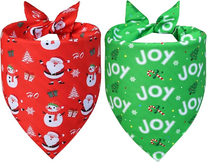 Christmas Dog Bandanas 2-Pack for Large X-Large Dogs - Reversible Santa & Stripes Print Scarf, Red & Green Pet Costume Accessory for Holiday Parties
