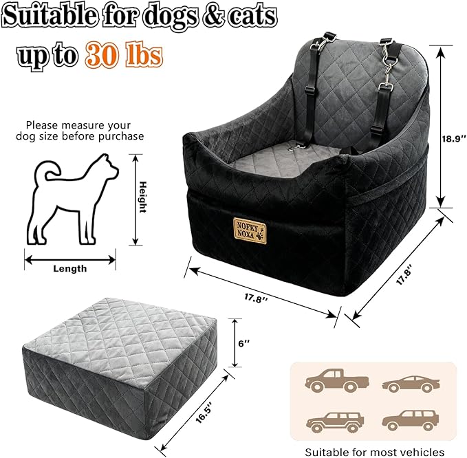 Pet Car Seat for Dogs & Cats - 17.8"×17.8"×18.9" - Supports Up to 35 lbs, Quilted Soft Fabric, Universal Fit for Most Cars/Trucks/SUVs, Secure & Comfortable Travel Cushion (Grey)