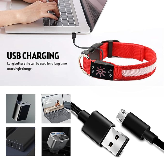 LED Dog Collar, Reflective Dog Collar, USB Rechargeable with 100% Waterproof Luminous Collar, Suitable for Medium and Large Dogs (Red, M)