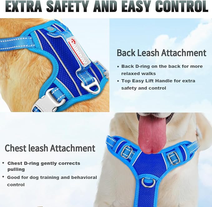 BARKBAY No Pull Dog Harness Large Reflective Dog Harness with Front Clip and Easy Control Handle for Walking Training Running with ID tag Pocket(Sapphire Blue & Blue,S)