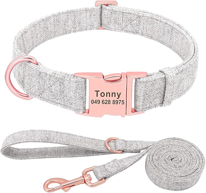 Personalized Dog Collar Custom Nylon Dog Collar Engraved Name ID Adjustable for Small Medium Large Dog Chihuahua Pitbull Grey Collar Leash L