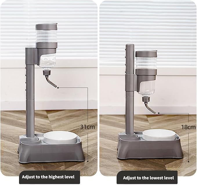 Gray Automatic Pet Drinking Fountain and Feeder Bowl with Height Adjustable for Dogs and Cats Adjustable Pet Bowl