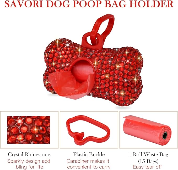 SAVORI Dog Poop Bag Holder Bling Crystal Dog Waste Bags Dispenser for Pet Dog Doggy with Carabiner Clip Includes 1 Roll 15 Bags (Red)