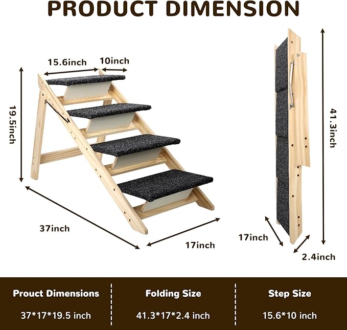 Foldable Dog Stair 2-in-1 with 4 Steps, New Zealand Pine Frame and Non-Slip Carpet Suitable for High Beds, Car,Couch, Durable Wooden Pet Stairs for Small Medium and Large Dogs, No Assembly Required