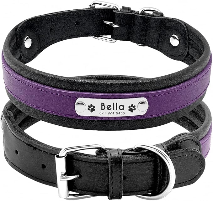 Large Dog Collar Genuine Leather Dog Collar Personalized Pet Name ID Collar Padded Customized for Medium Large Dogs Purple L