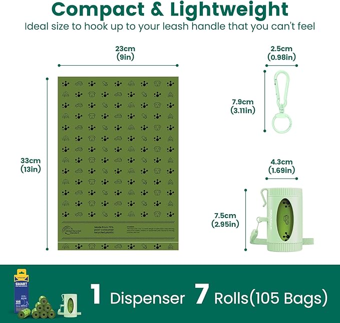 Dog Poop Bag Rolls with Retractable Poop Bag Holder, Leak Proof and Extra Thick Lavender Pet Waste Bags, 70% Recycled GRS Certified, 1 Dispenser and 105 Bags for Doggy Walking & Cat Litter