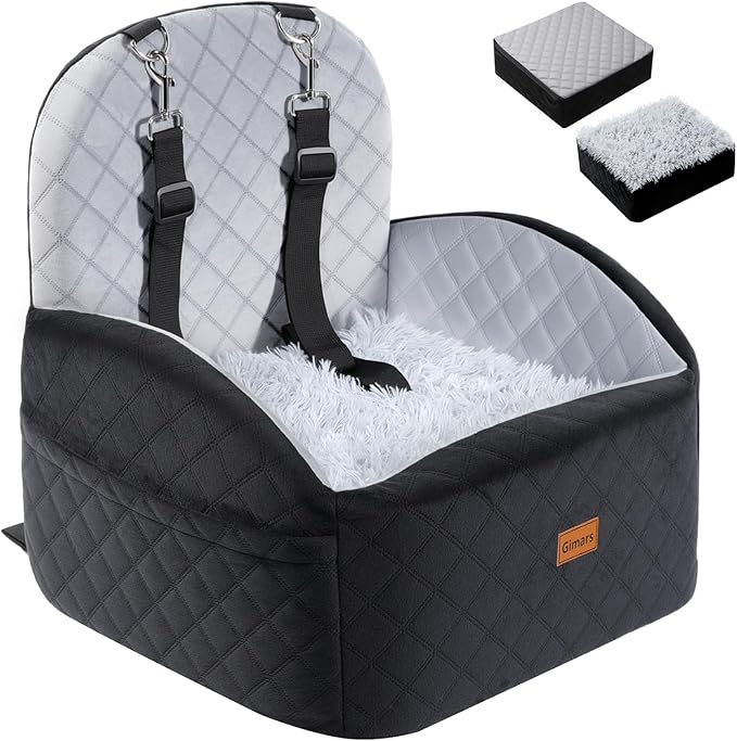 Gimars Reversible Dog Car Seat with Long & Short Plush Seat Cushion for Small/Medium Dogs Up to 40lbs, Detachable Washable Anti-Slip Dog Booster Seat with 5.9'' 28D Egg-Crate Foam, Safety Belt, S