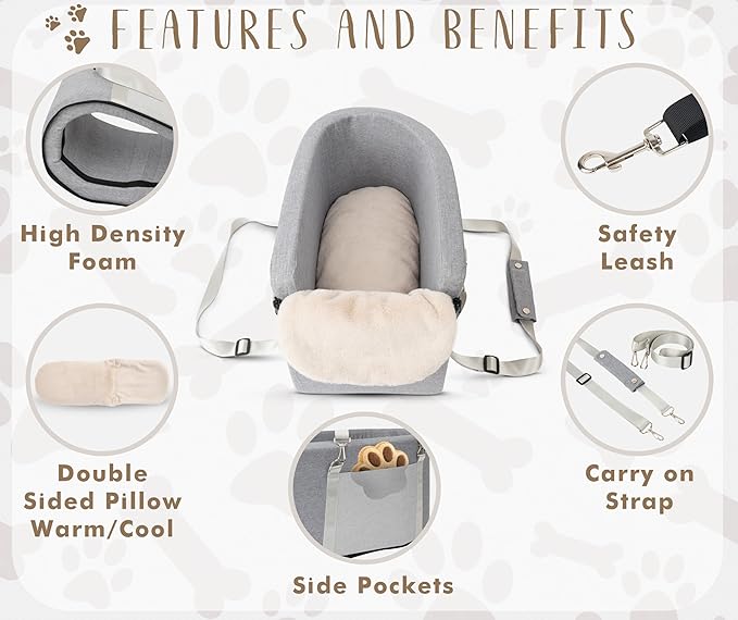 Multi-Function Small Dog Car Seat Center Console & Carrier - Sturdy Console Dogs Car Seats for Small Dogs & Cats, Pet Dog Bed for Cars Back Seat for Up to 11 lbs, 19 x 10 x 9.5 Inches, Gray