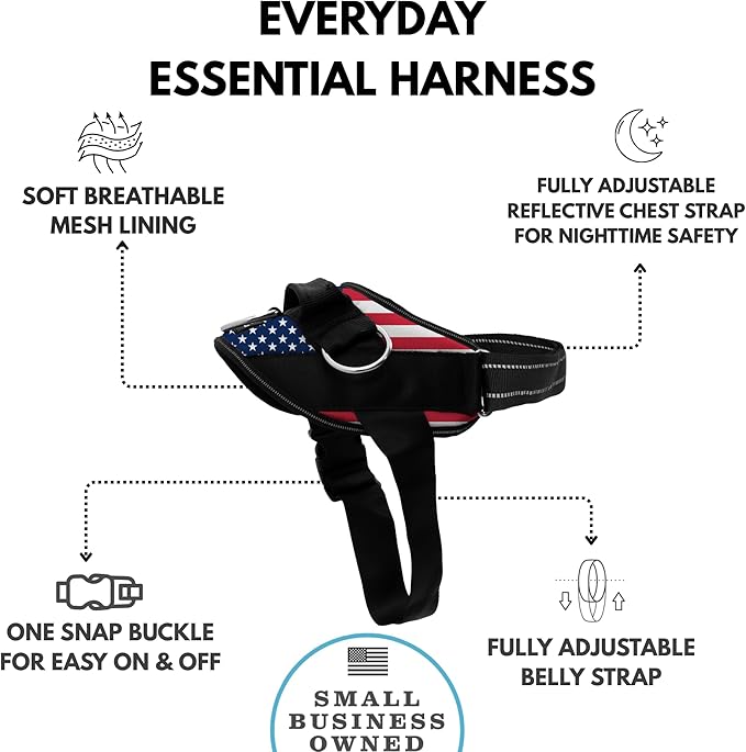 ShawnCo Essential Dog Harness, No-Pull Pet Vest with 3 Leash Clips, No Choke, Reflective, Adjustable and Padded, for Easy Walking and Training for Small, Medium and Large Dogs (Stars and Stripes, S)