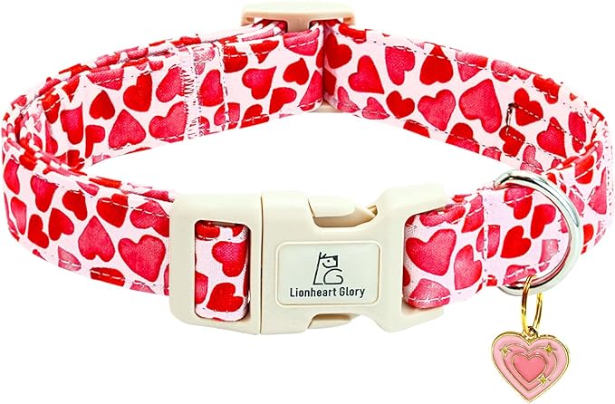 Lionheart glory Valentine Collar, Red Hearts Dog Collar for Medium Cute Dog Collars Spring Female Pet Gift Adjustable Heavy-Duty Holiday Dog Collar Plastic Buckle