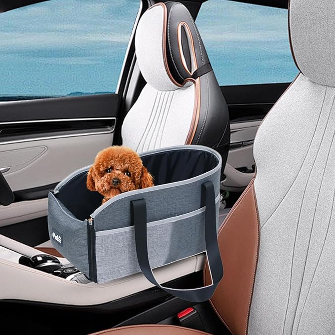 Car Center Console Pet Seat – Portable Small Dog Travel Carrier, Adjustable Safety Car Carrier | Interior Booster with Fixing Straps, Lightweight Travel Bed for Pets Under 15 Lbs, Great for Daily Ride