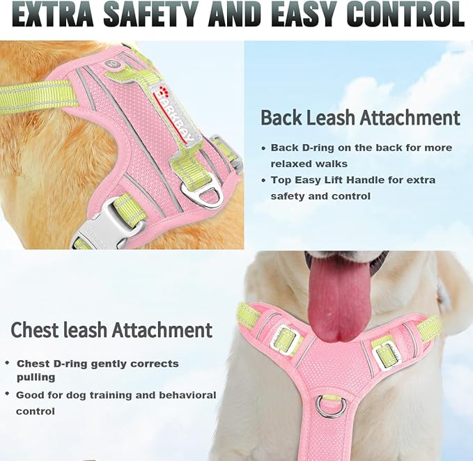 BARKBAY No Pull Dog Harness Large Reflective Dog Harness with Front Clip and Easy Control Handle for Walking Training Running with ID tag Pocket(Baby Pink & Sunlight,L)
