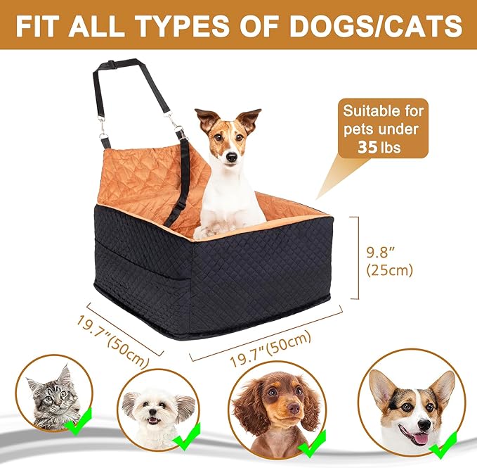 Memory Foam Dog Car Seat for Small/Medium Dogs,Travel Booster Seat for Dogs up to 35 lbs, Washable Removable Cover & Storage Pockets, Comfortable & Safe Car Seat for Pet Travel