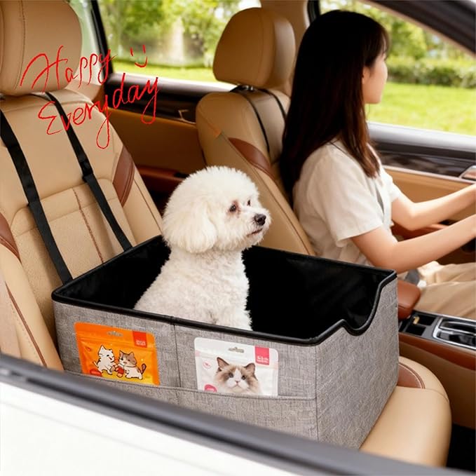 Portable Foldable Cat Dog Car Seat for Small Dogs Spacious Travel Bed with Clip-On Safety Leash Comfy Carseat with Storage Pockets Cat Puppy Car Travel Carrier Bed (Grey)