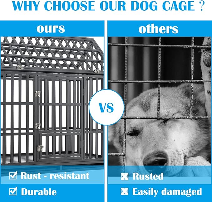 Indestructible Folding Dog Crate with Wheels, 48 Inch Heavy Duty Escape Proof Collapsible Metal Dog Kennel Cage for Large and Medium Dogs, High Anxiety Pet Crate with 2 Door and Removable Tray