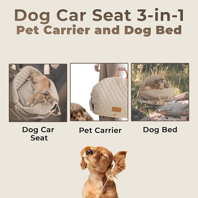 Dog Car Seat for Small Dogs, Pet Seats for Cars with Clip-On Safty Leash, Detachable Washable Pet Car Seat Travel Bed Under 25lbs (Creamy White)