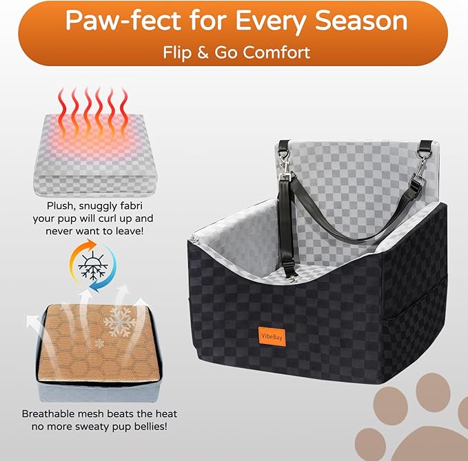 Dog Car Seat for Small Dogs, VibeBay Portable Booster Seat with Memory Foam, 2 Safety Belts, Removable Washable Cover, Storage Pocket & Anti-Anxiety Elevated Design for Medium Dogs Under 35 lbs