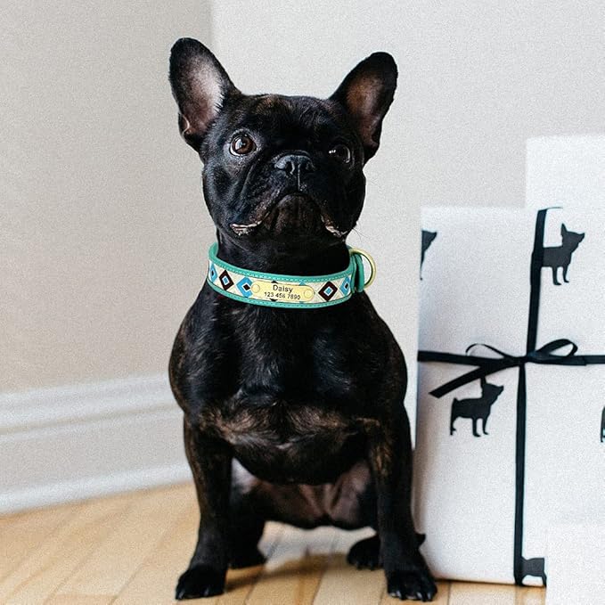 Exotic Custom Dog Collars PU Leather Personalized Pet Name ID Collar Padded Ethnic Collars Adjustable for Small Medium Large Dog Blue S