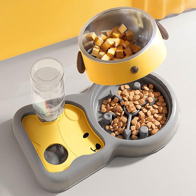 Water and Food Bowl Set, 500ml 2 in 1 Dog Avoid Overturning Automatic Cat Feeder Pet Water Dispenser Double Cat Bowls for Dogs Cats (Yellow 500ml)