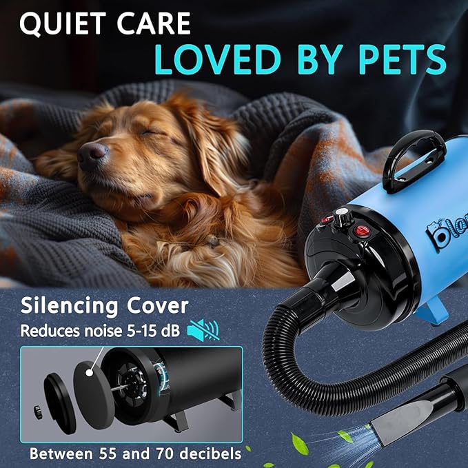 High Velocity Dog Hair Dryer 5.2HP/ 3800W Professional Dogs Blower Grooming Dryer, Adjustable Temperature and Speed Pet Dryers with 4 Nozzles and a Comb, Blue