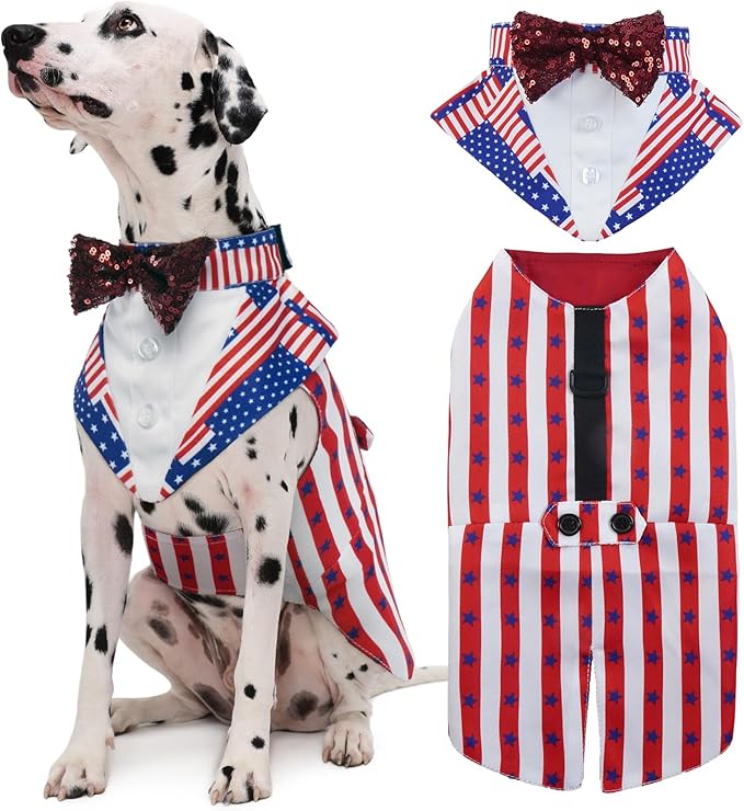 Kuoser Independence Day Dog Tuxedo Dog Suit and Bandana Set, 4Th of July Dog Costume American Flag Dog Outfit with Bow Tie for Large Medium Small Dogs Golden Retriever Samo Bulldogs, L
