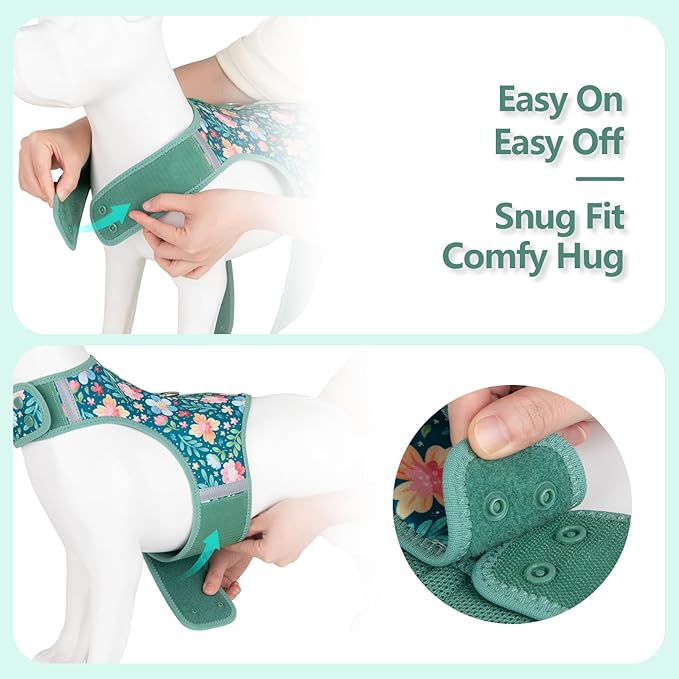 Dog Harness for Small Sized Dog,Hook-and-Loop Easy On/Off, Reflective Adjustable Soft Mesh Vest for Puppy (Green Floral Print,M)