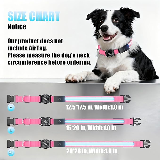 LED AirTag Dog Collar - Brightest Light Up Dog Collars - IP68 Waterproof Air Tag Dog Collar Holder - 1,600 Feet of High Visibility - Magnetic Charging - Dog Lights for Night Walking, Pink XL