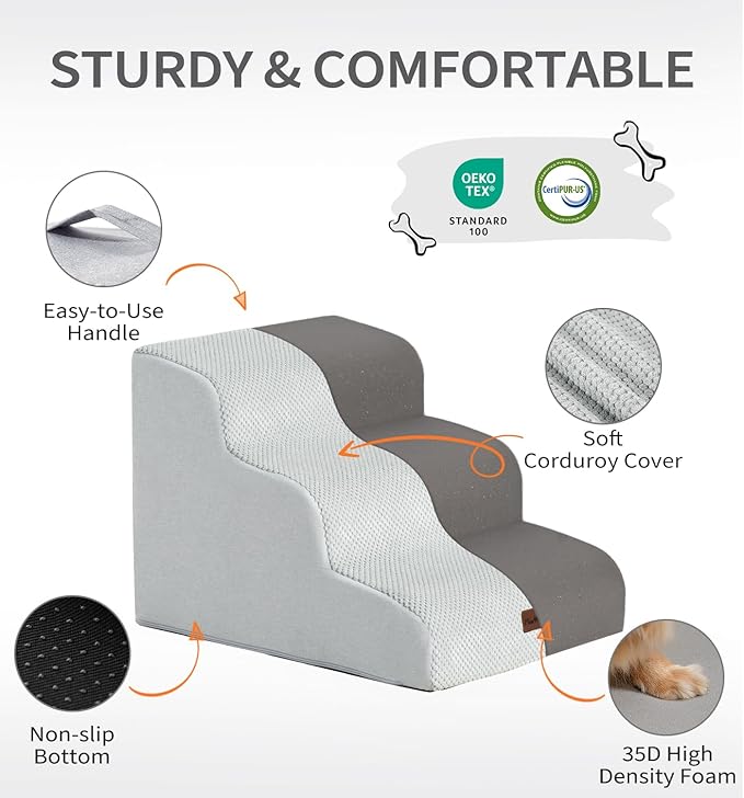 Made4Pets Dog Stairs Ramp for Bed 19.7" H, 4-Step Dog Steps for High Bed Couch Sofa Climbing, 35D Foam Pet Steps for Small Dogs and Cats, Non-Slip Bottom Pet Stairs, Light Grey