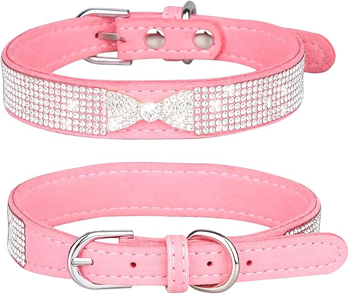 Rhinestone Dog Collar, Cute Dazzling Sparkling Soft Suede Leather Dog Cat Rhinestone Collar Crystal Diamond Pet Dog Puppy Collar (M, Pink-2)