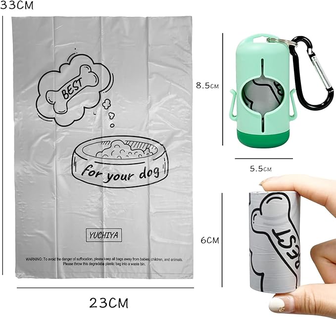 Dog Poop Bag Holder with Leash Clip, Adjustable Strap & 2-Side Hooks for Used Dog Waste Bags (Mint Green)
