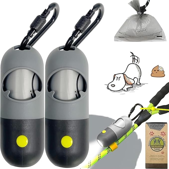 Dog Poop Waste Bags Holder with LED Flashlight|Cute Doggie Poo Bags Dispenser for Pet Leash|Trash Waste Bags Carrier with Potty Clip Fastener LR44 Button Cells Included (Grey, 2 Holder 30 Bags)
