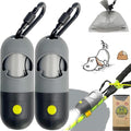 Dog Poop Waste Bags Holder with LED Flashlight|Cute Doggie Poo Bags Dispenser for Pet Leash|Trash Waste Bags Carrier with Potty Clip Fastener LR44 Button Cells Included (Grey, 2 Holder 30 Bags)