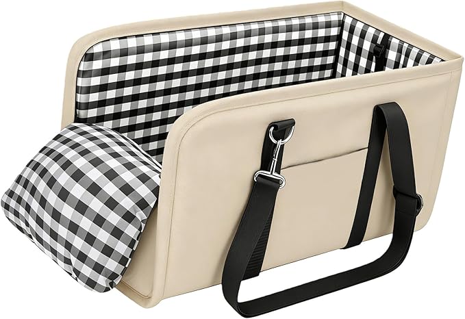 Center Console Dog Car Seat for Small Dogs Up to 11lbs Anti-Collapse Armrest Booster Seat with Headrest Stabilizing Straps Portable Pet Carrier Bag Travel Safety Kennel with Internal Tether (Beige)