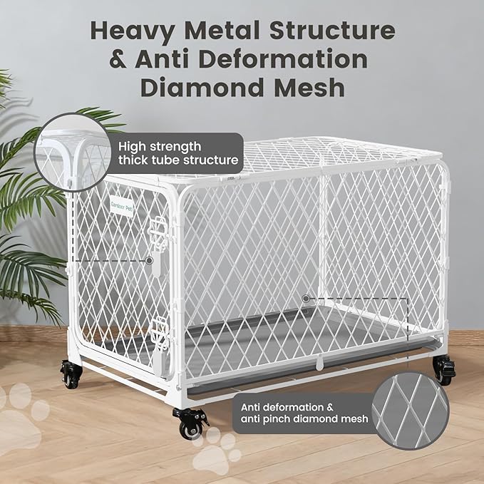 Gardner Pet 30 Inch Collapsible Diamond Mesh Dog Kennel, No Assembly Metal Dog Crate with 4 Lockable Wheels,Removable Tray,Portable Dog cage for Small/Medium Dogs(50-70 lbs) Indoor Outdoor Use