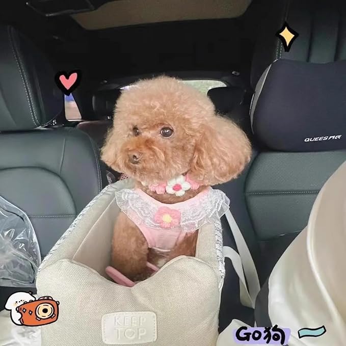 Pet Car Seat for Small Dogs & Cats, Large Space with Soft Cushion, Removable Design, Secure Straps, Fits Most Vehicles (Beige Plaid, 9.8 * 17.7 * 9.8inches)