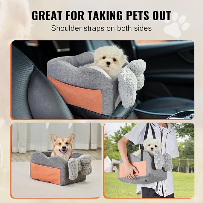 Happybuy Console Dog Car Seat, Center Console Dog Booster Seat for Small Dog, Pet Car Seat for Car Armrest with Clip-On Leash, Adjustable Straps, Supports up to 8lbs, Dark Gray