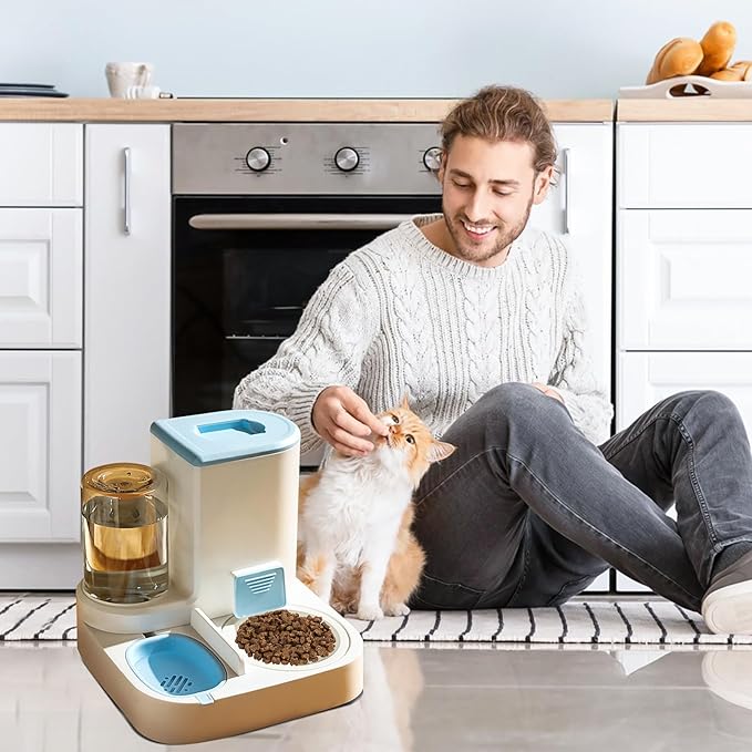 Gravity Pet Feeder and Water Dispenser Set, 2 in 1 Automatic Cat Food Dispenser, Detachable, Easy Clean, Integrated Large Capacity Dog 1L Water Bowl, 2.8L Food Bowl