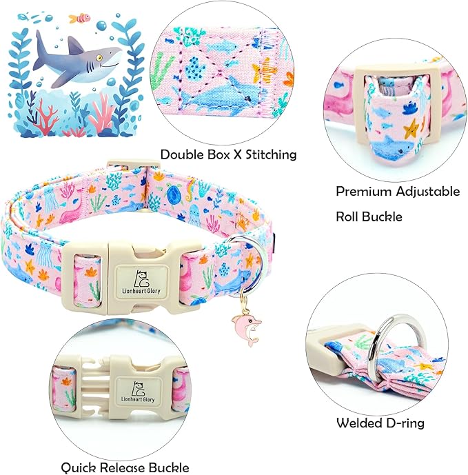 Lionheart glory Dog Collar Sea Animals Print Pink Dog Collars Male or Female Spring Summer Cute Collar Pet Gift Durable Adjustable Dog Collar for Small Dogs