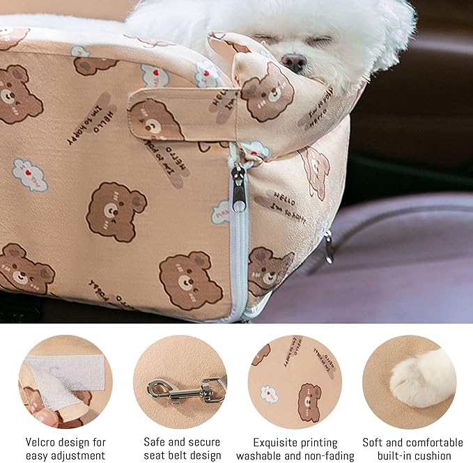 Small Dog Cat Car Booster Seat,Interactive Dog Console Car Seat ON Car Armrest,Detachable Dog Travel Bag Car Carrier Bed Portable Dog Habitat Bed for Most Car Deluxe Pet Seat