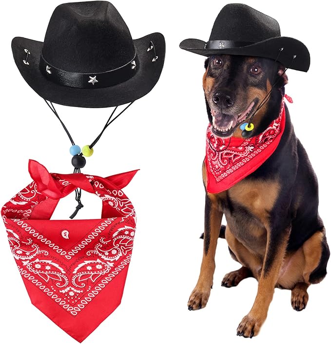 Yewong Pet Cowboy Costume Accessories Dog Cat Pet Size Cowboy Hat and Bandana Scarf West Cowboy Accessories for Puppy Kitten Party Festival and Daily Wearing Set of 2 (Black)