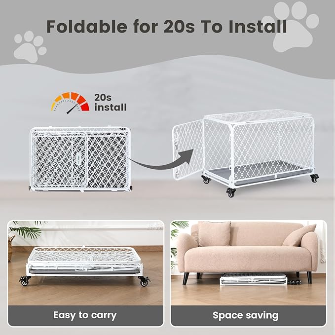 Gardner Pet 36 Inch Collapsible Diamond Mesh Dog Kennel, No Assembly Metal Dog Crate with 4 Lockable Wheels,Removable Tray,Portable Dog cage for Medium Dogs(80-100 lbs) Indoor Outdoor Use