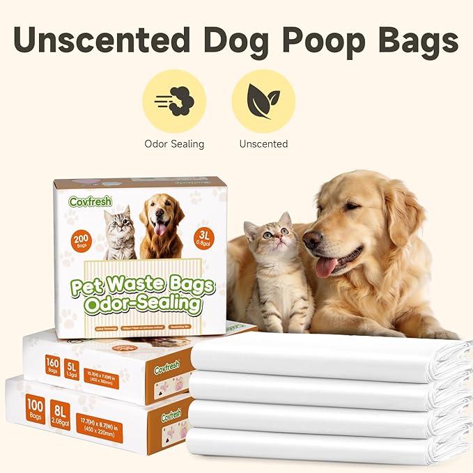 Odor-Sealing Dog Poop Bags with Handles 100 Count Pet Waste Bags, Large Capacity & Unscented Poop Bags for Dogs or Cat Litter, Conceals Smell & Mess (White)