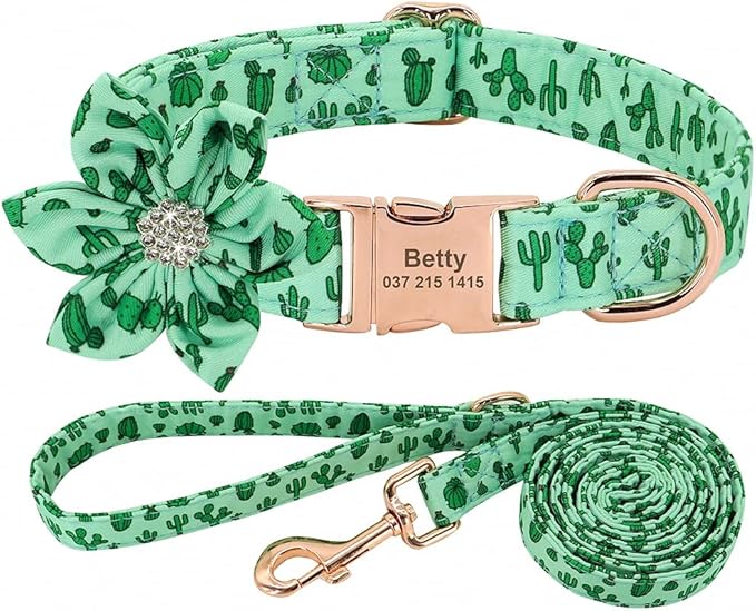 Rhinestone Personalized Dog Collar Leash Set Flower Printed Customized Pet Collar Puppy ID Collar for Small Medium Large Dogs Green Collar Leash S