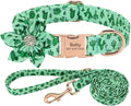 Rhinestone Personalized Dog Collar Leash Set Flower Printed Customized Pet Collar Puppy ID Collar for Small Medium Large Dogs Green Collar Leash S