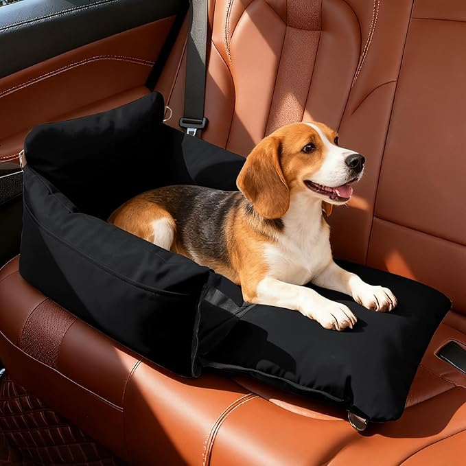 Dog Car Seats for Small Dogs, 2-in-1 Waterproof Pet Booster Seat for Car with Side Handles and a Storage Pocket, Clip-On Safety Leash and PP Cotton Filling, Vehicle Bed for Puppy up to 25 lbs (Black)