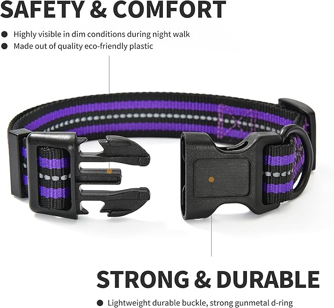 Mile High Life Reflective Dog Collar | Nylon Pet Collars wiith Buckle | Light Weight Puppy Collars | Purple Dog Collars for Small Dogs (Purple, X-S)