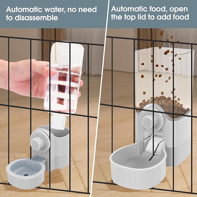 Yummy Sam Hanging Cage Automatic Small Pet Food Bowl Water Bottle Dispenser, Detachable Auto Gravity 1.2L Self-Feeding Feeder and 0.52L Waterer Set Kennel Feeding Station for Puppy Cats Rabbit(Grey)